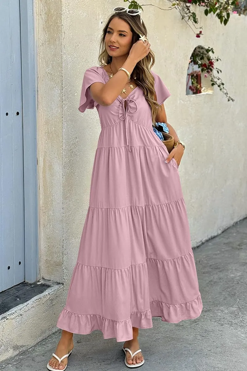 ECOWISH Womens Summer Maxi Dress 2025 Flutter Short Sleeve V Neck Tie Front Wedding Guest Vacation Tiered Flowy Dresses