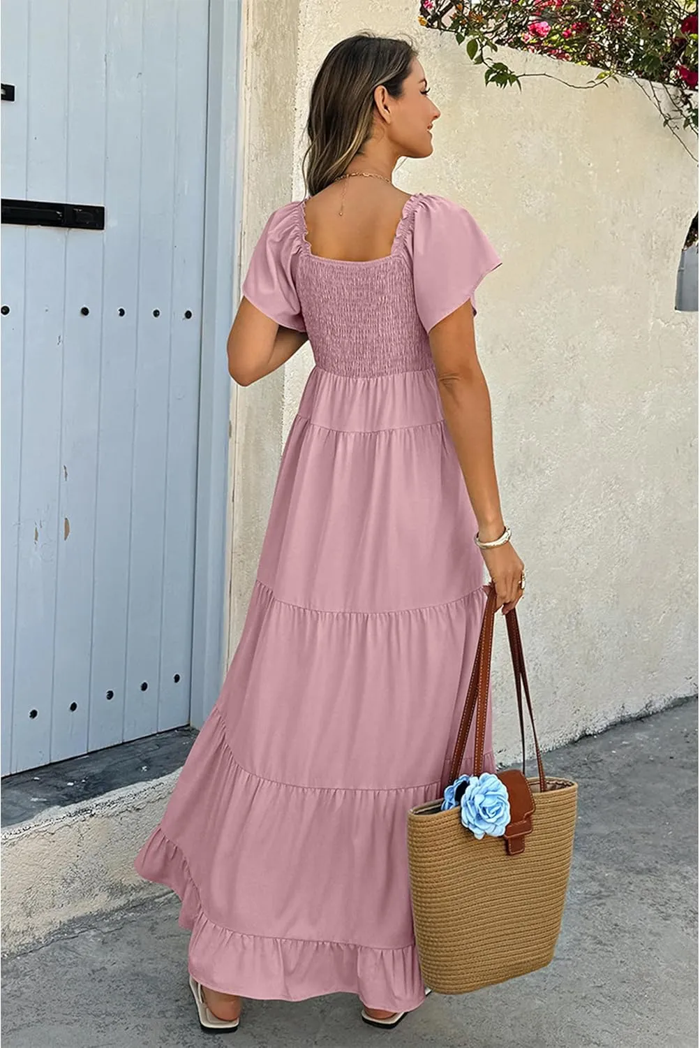 ECOWISH Womens Summer Maxi Dress 2025 Flutter Short Sleeve V Neck Tie Front Wedding Guest Vacation Tiered Flowy Dresses
