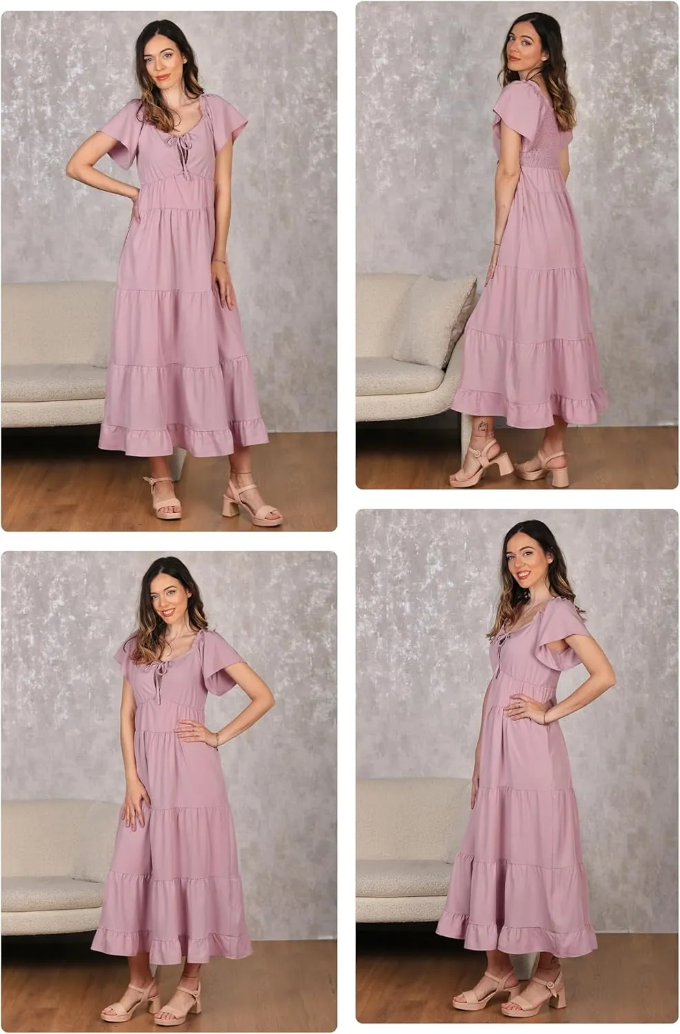 ECOWISH Womens Summer Maxi Dress 2025 Flutter Short Sleeve V Neck Tie Front Wedding Guest Vacation Tiered Flowy Dresses