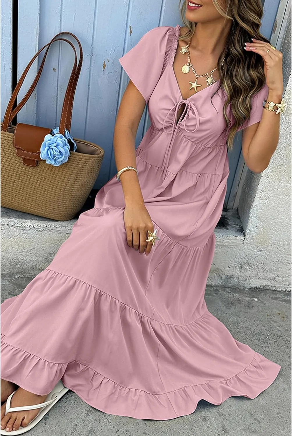 ECOWISH Womens Summer Maxi Dress 2025 Flutter Short Sleeve V Neck Tie Front Wedding Guest Vacation Tiered Flowy Dresses