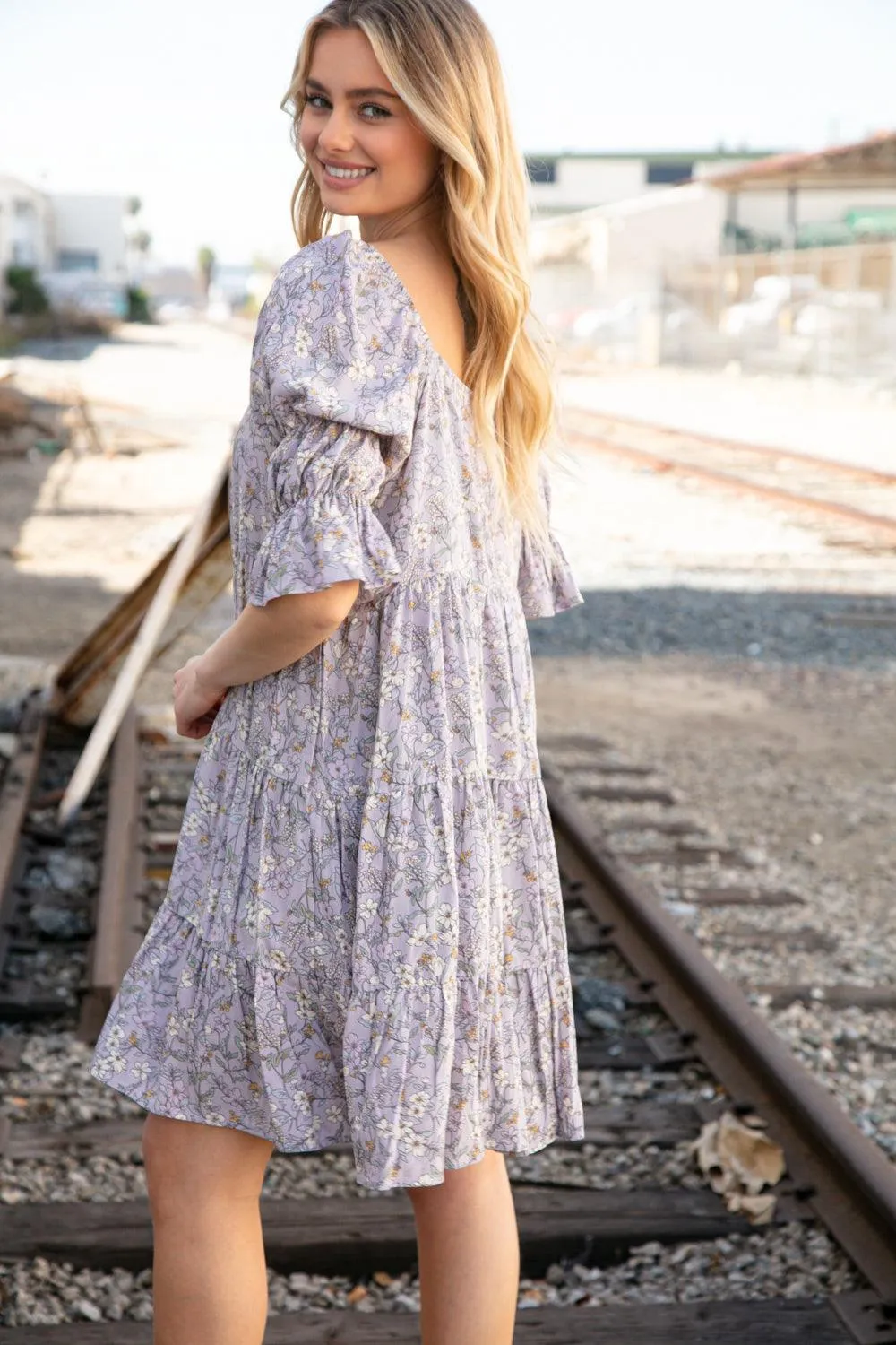 FINAL SALE -  Lilac Floral Square Neck Puff Sleeve Tiered Dress