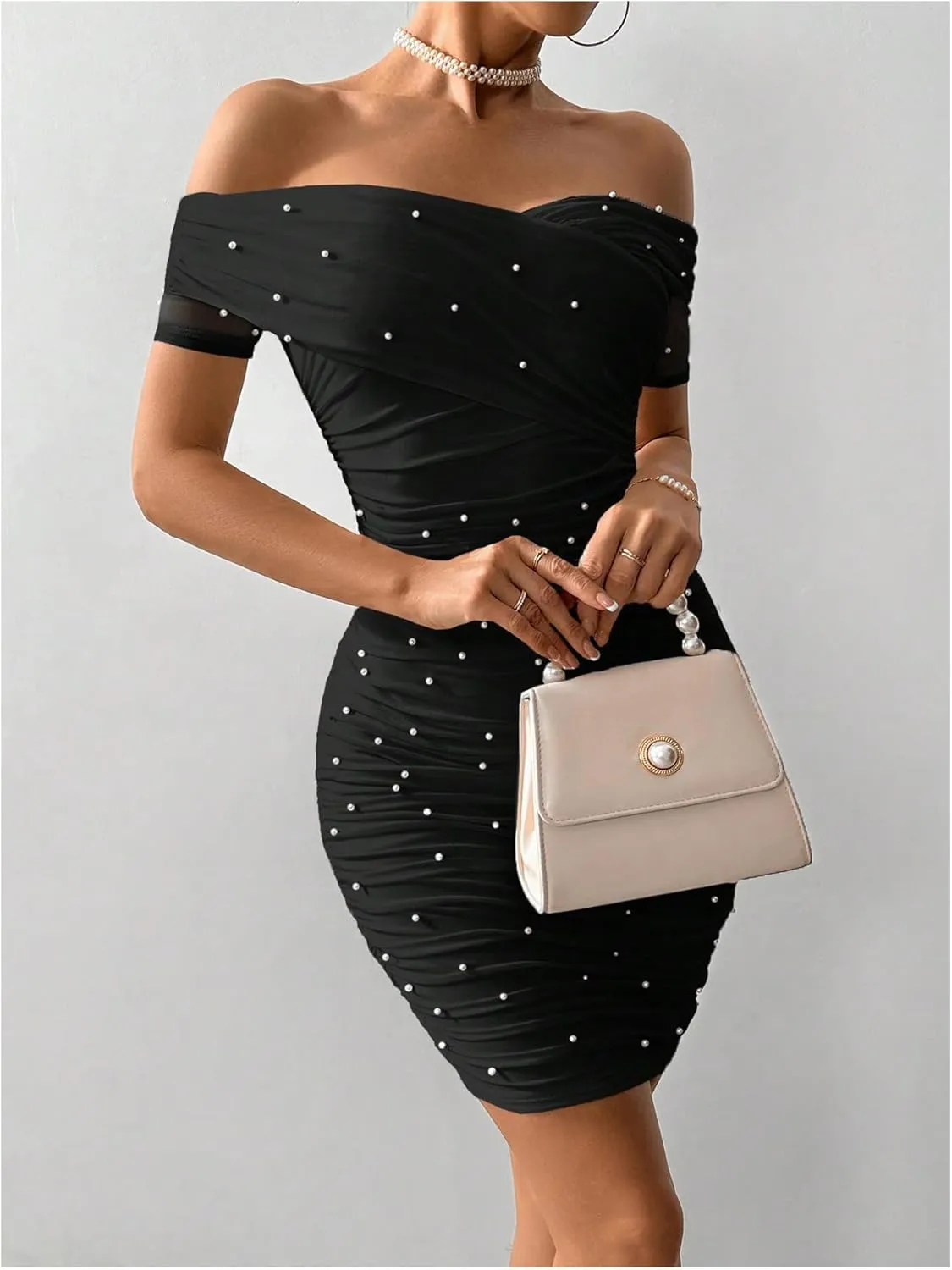 Floerns Women's Pearl Beaded Off Shoulder Short Dress Short Sleeve Bodycon Party Dresses