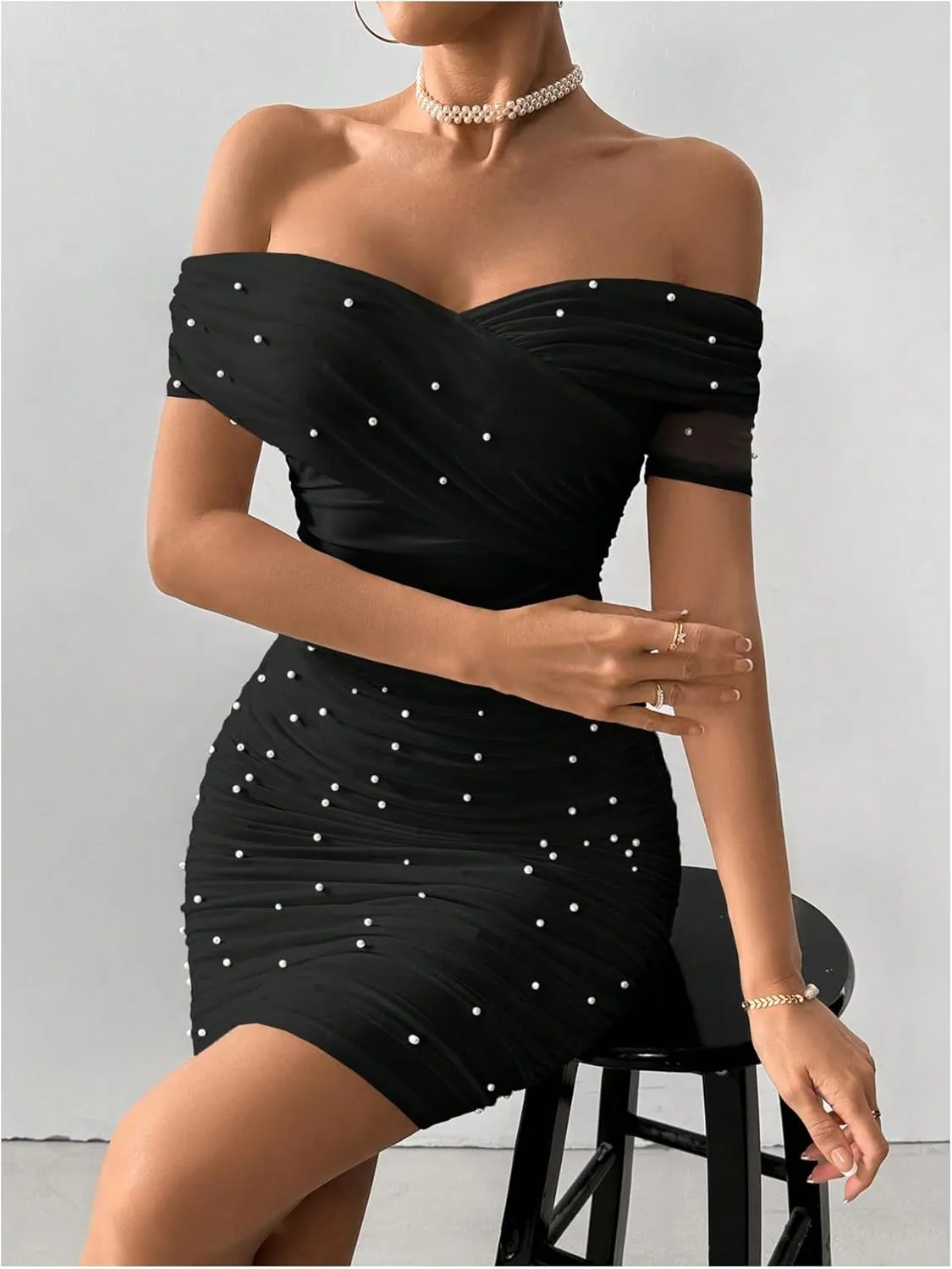 Floerns Women's Pearl Beaded Off Shoulder Short Dress Short Sleeve Bodycon Party Dresses