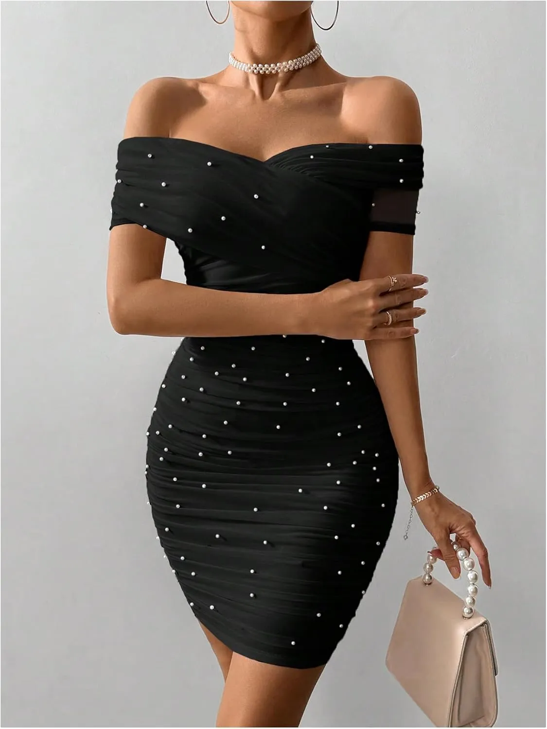 Floerns Women's Pearl Beaded Off Shoulder Short Dress Short Sleeve Bodycon Party Dresses