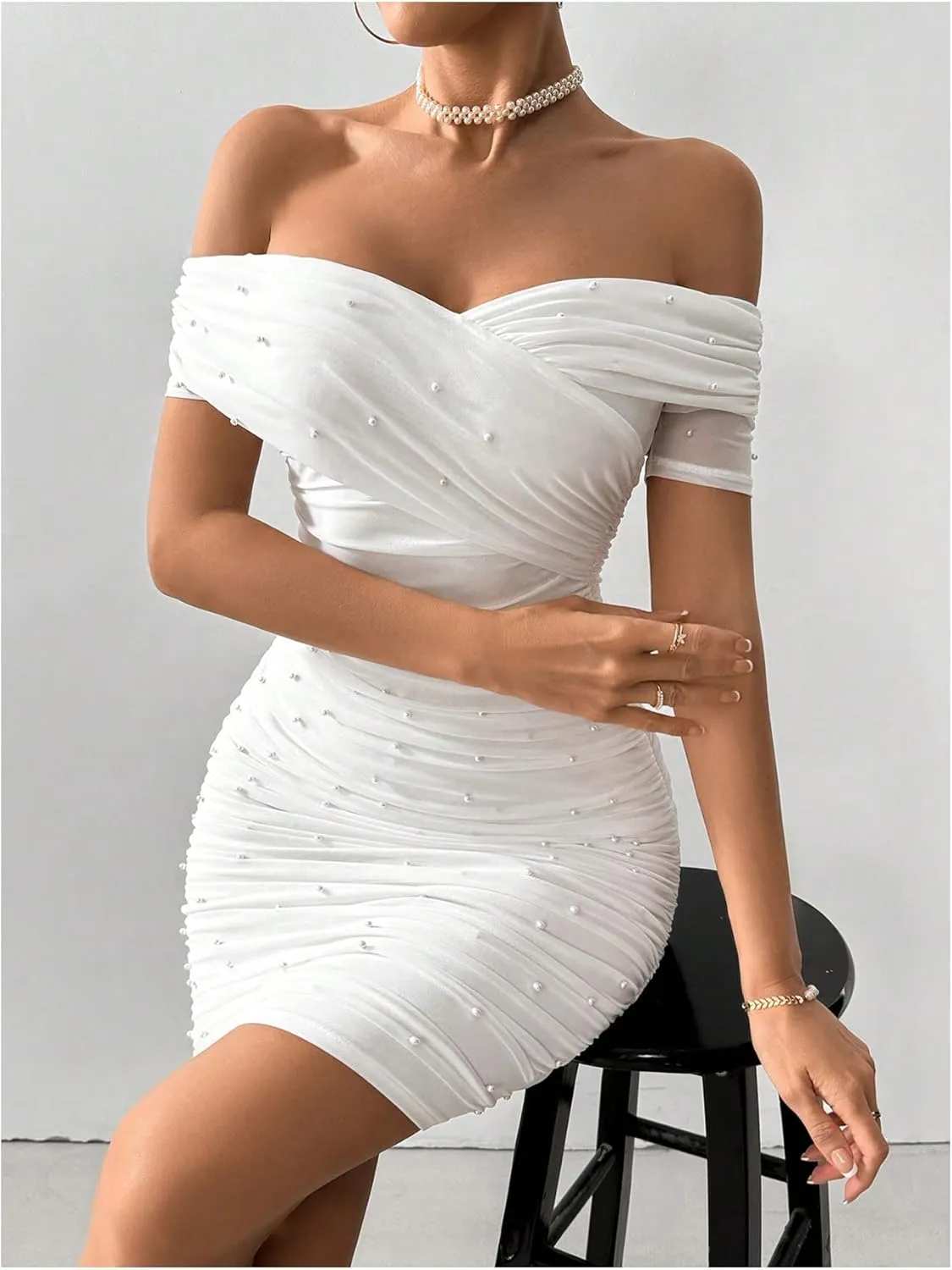 Floerns Women's Pearl Beaded Off Shoulder Short Dress Short Sleeve Bodycon Party Dresses