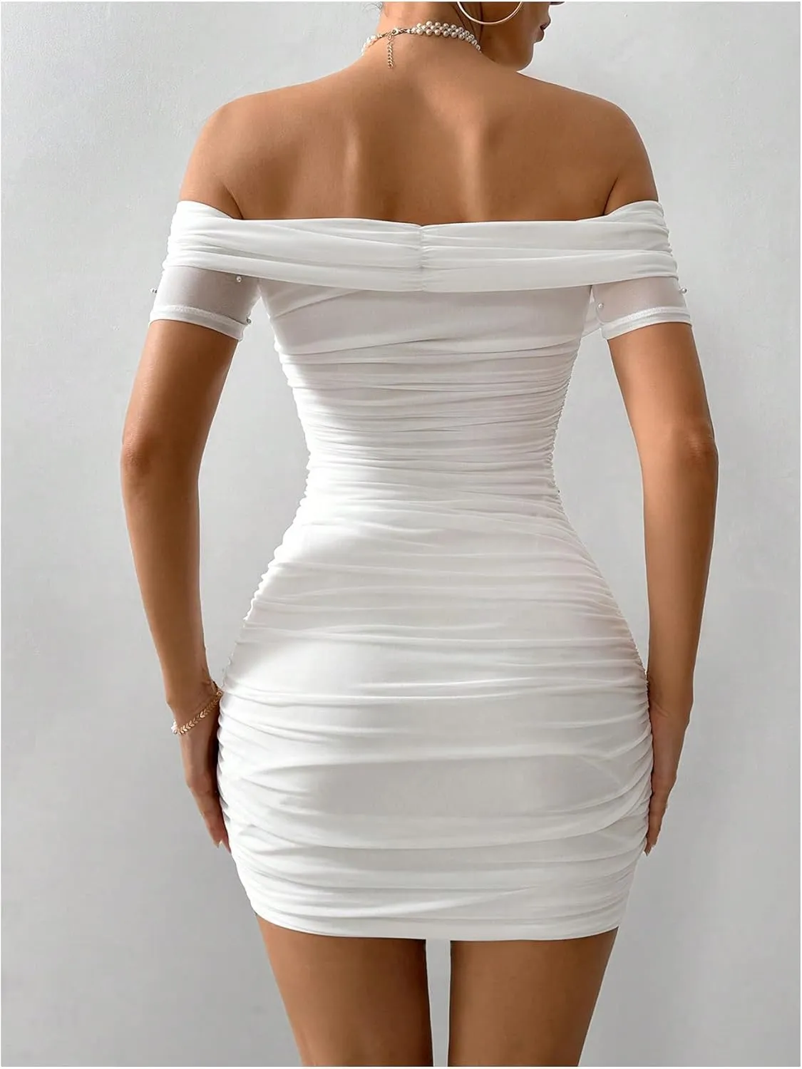Floerns Women's Pearl Beaded Off Shoulder Short Dress Short Sleeve Bodycon Party Dresses