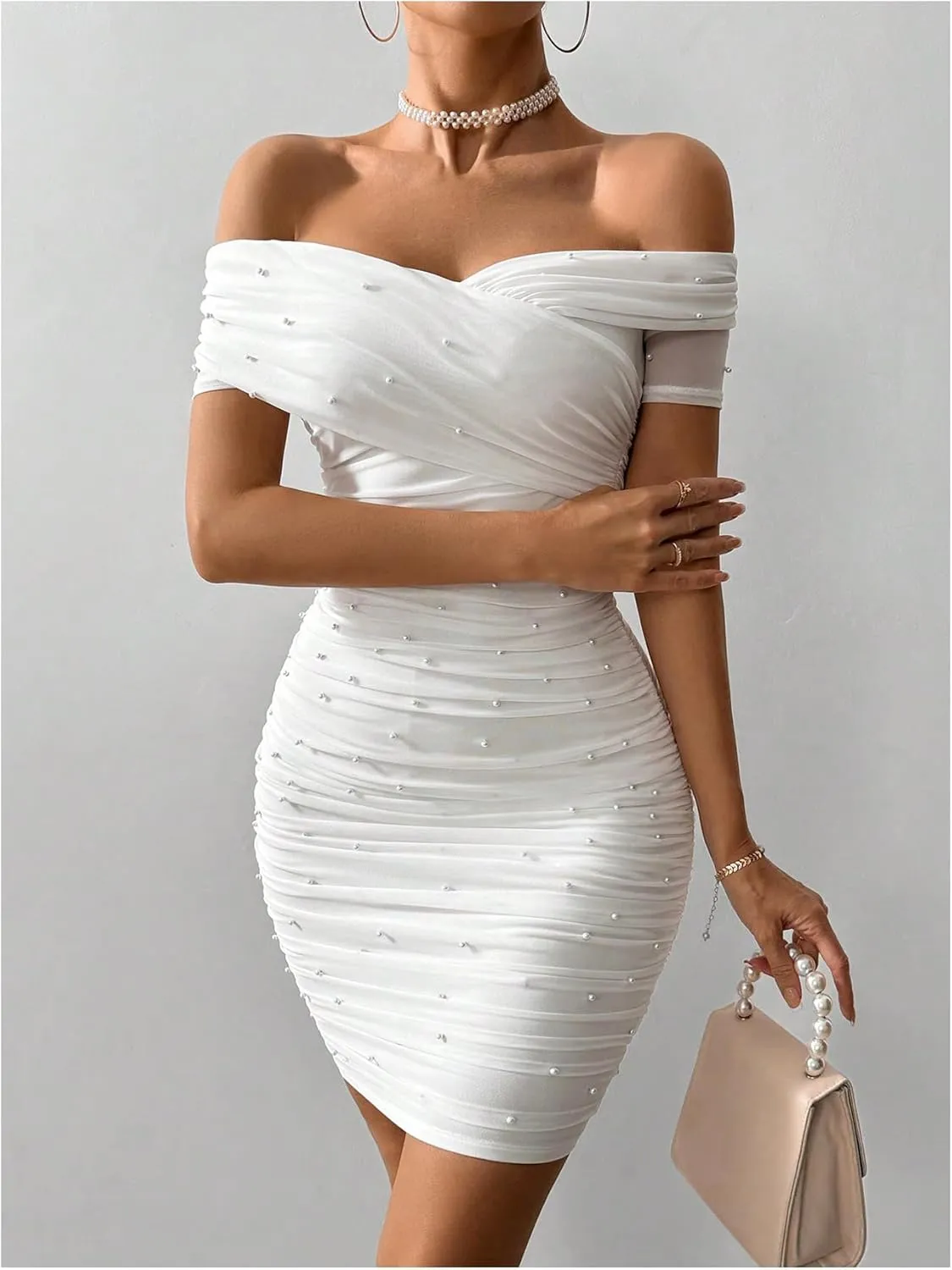 Floerns Women's Pearl Beaded Off Shoulder Short Dress Short Sleeve Bodycon Party Dresses