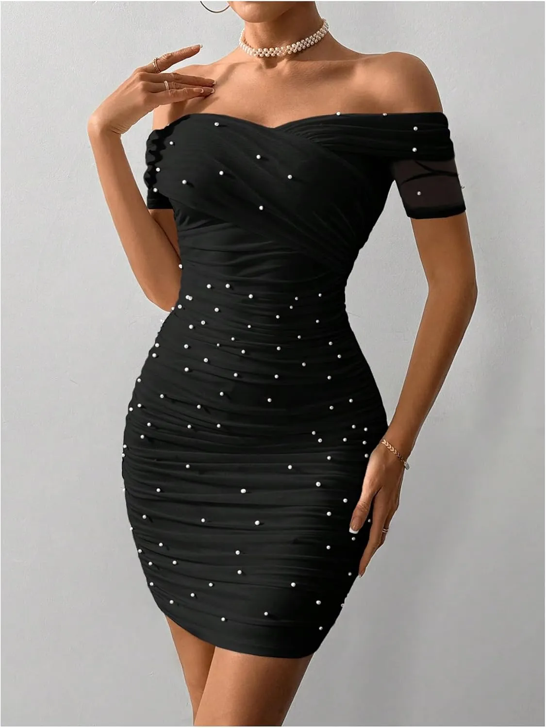 Floerns Women's Pearl Beaded Off Shoulder Short Dress Short Sleeve Bodycon Party Dresses