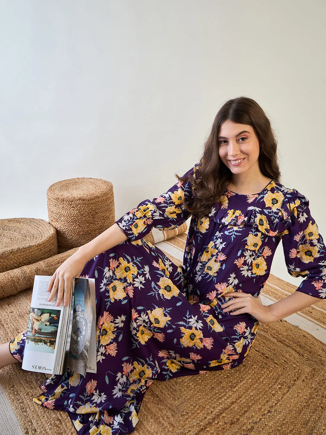 Frilled Purple Charming Night Dress