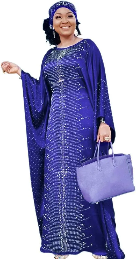 HD African Dresses for Women Fashion Beading Rhinestone Kaftan Maxi Dress