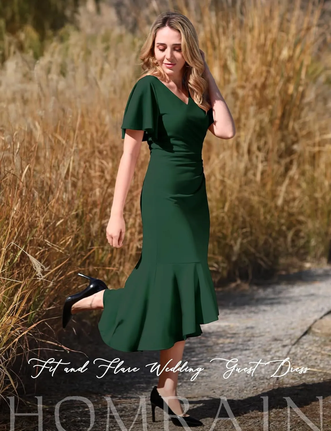 HomRain Women's Ruffle Sleeves Wedding Guest Dress V-Neck Mermaid Formal Cocktail Dresses for Women Evening Party