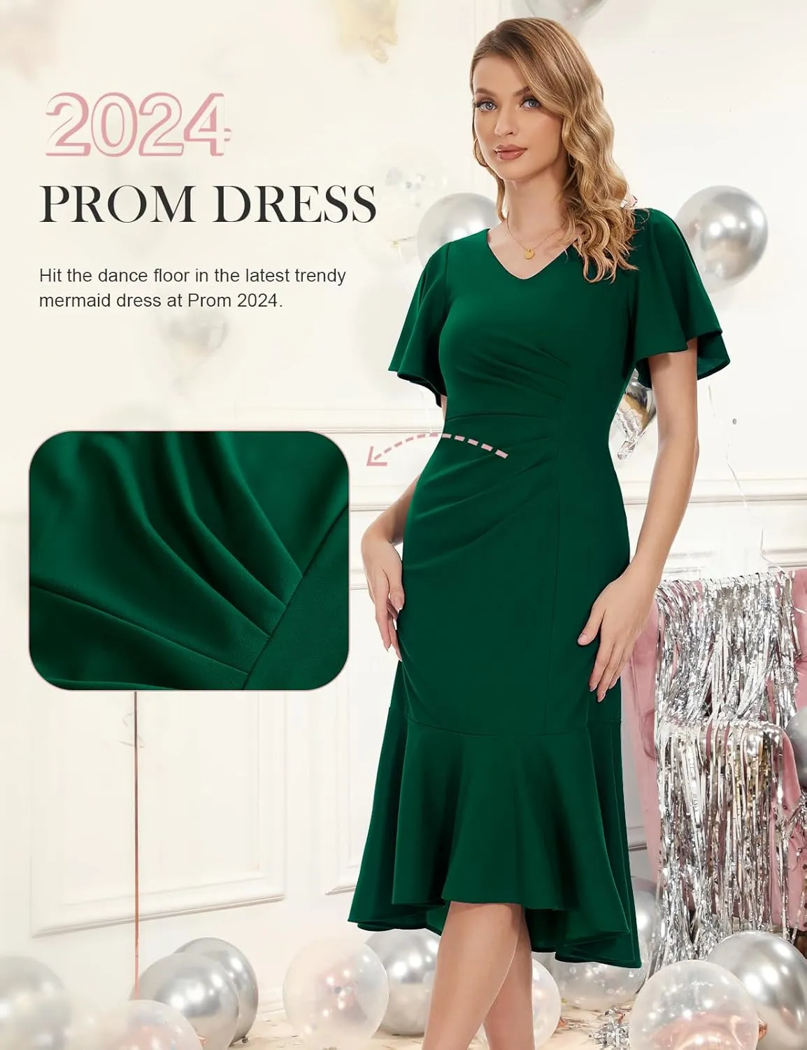 HomRain Women's Ruffle Sleeves Wedding Guest Dress V-Neck Mermaid Formal Cocktail Dresses for Women Evening Party