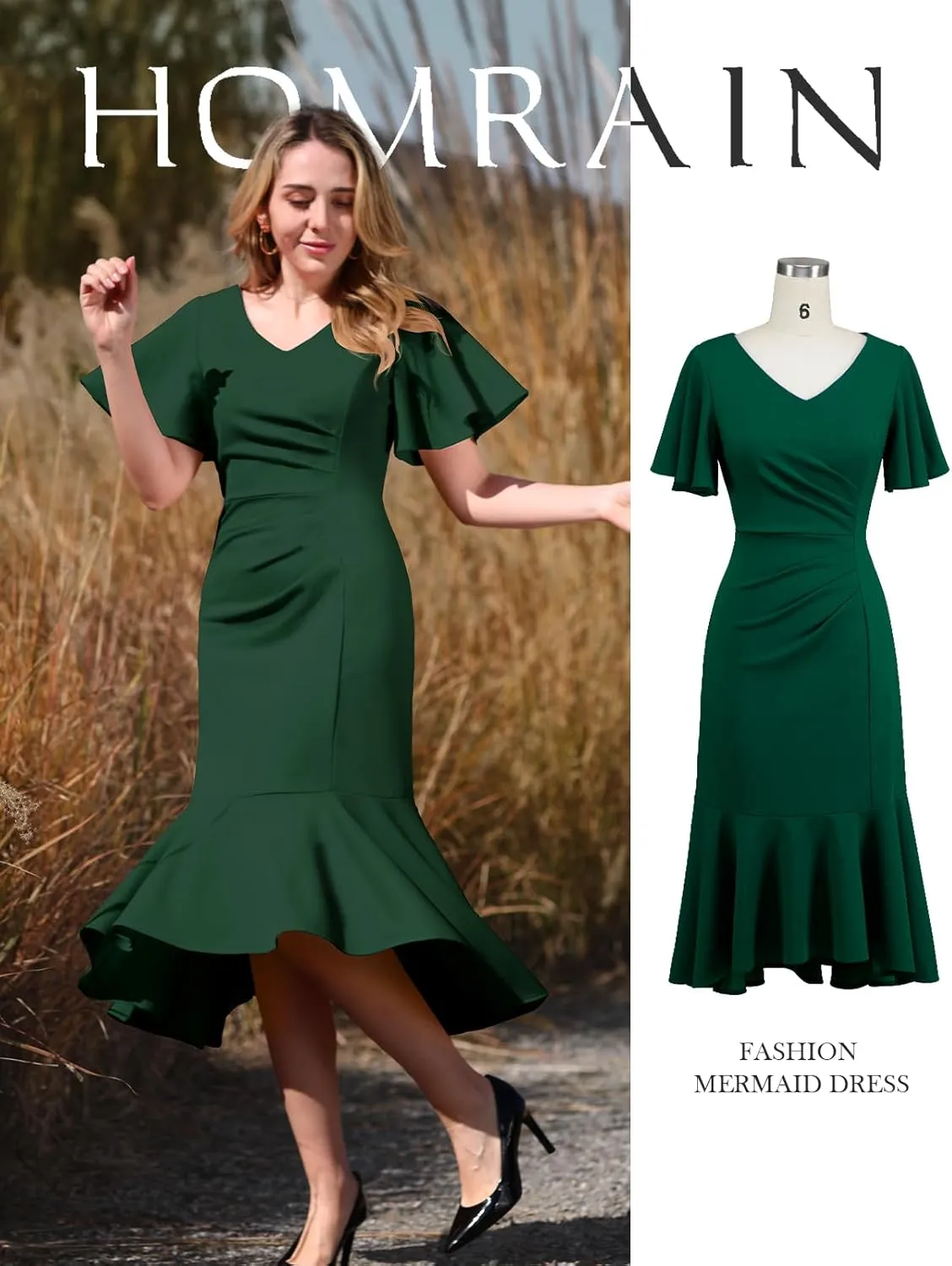 HomRain Women's Ruffle Sleeves Wedding Guest Dress V-Neck Mermaid Formal Cocktail Dresses for Women Evening Party