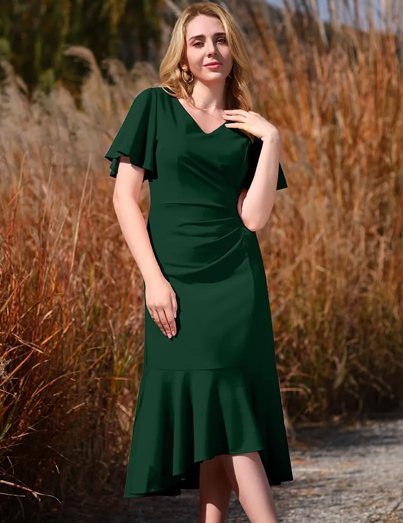 HomRain Women's Ruffle Sleeves Wedding Guest Dress V-Neck Mermaid Formal Cocktail Dresses for Women Evening Party