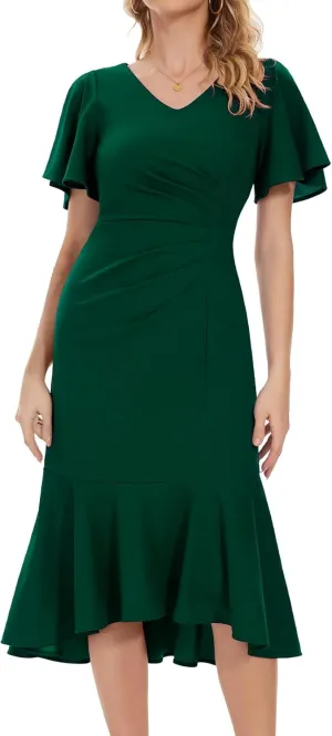 HomRain Women's Ruffle Sleeves Wedding Guest Dress V-Neck Mermaid Formal Cocktail Dresses for Women Evening Party