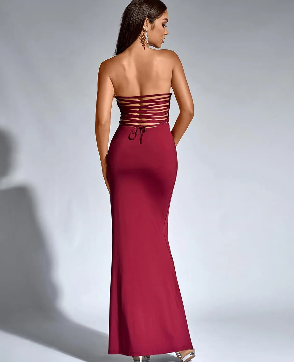 HTZMO Womens Tube Top Strapless Slit Bodycon Maxi Dress Sexy Tie Back Wedding Guest Party Long Dresses