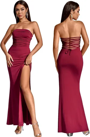 HTZMO Womens Tube Top Strapless Slit Bodycon Maxi Dress Sexy Tie Back Wedding Guest Party Long Dresses