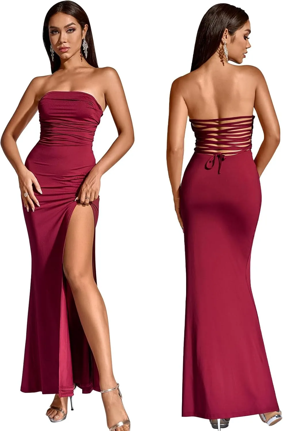 HTZMO Womens Tube Top Strapless Slit Bodycon Maxi Dress Sexy Tie Back Wedding Guest Party Long Dresses