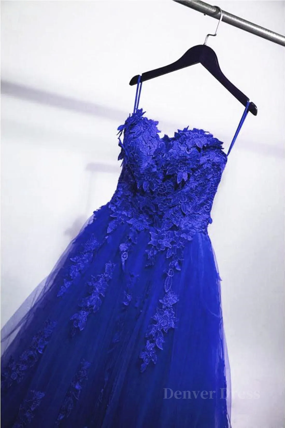 kamahe Gorgeous Blue Lace Floral Long Prom Dress, Blue Appliques Formal Evening Dress, Blue Ball Gown