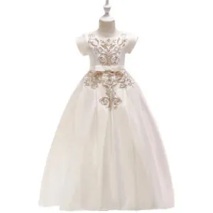 Ketty More Kids Girls Embroidered Lace Pattern Round Neck Sleeveless Bow Attatched Long Length Fancy Dress-KGDC1570