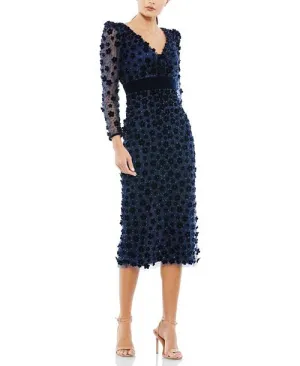 Mac Duggal Long Sleeve Midi Column Embellished V-Neck color Blue