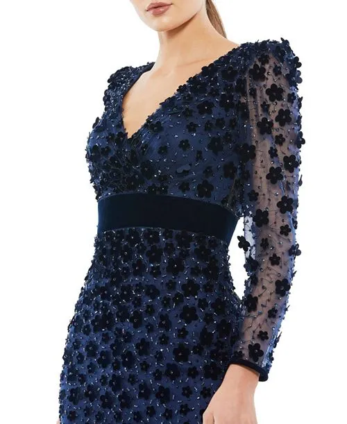 Mac Duggal Long Sleeve Midi Column Embellished V-Neck color Blue