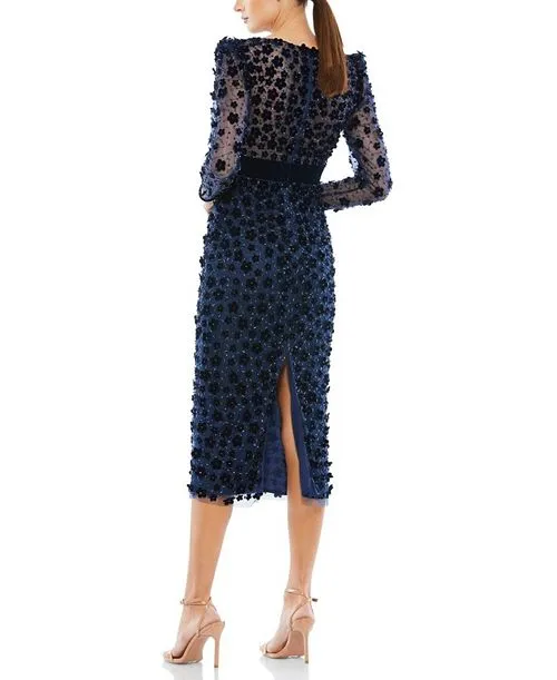 Mac Duggal Long Sleeve Midi Column Embellished V-Neck color Blue