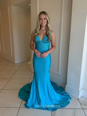 Mermaid V neck Blue Sparkly Long Prom Dress Evening Dress sew1096