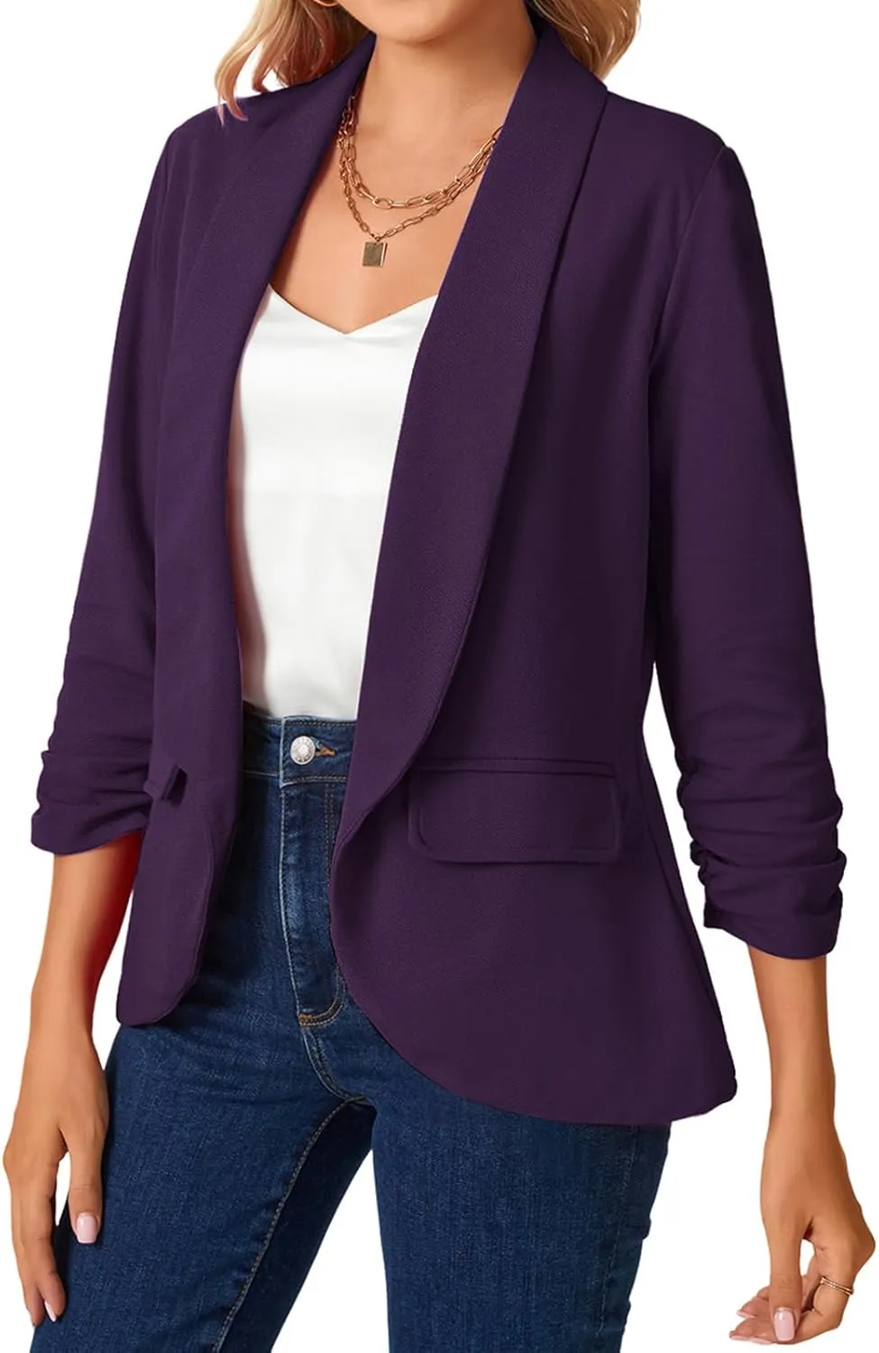 MINTLIMIT Womens Blazer 3/4 Ruched Sleeve Shawl Collar Business Work Blazers Open Front Casual Jackets with Pockets