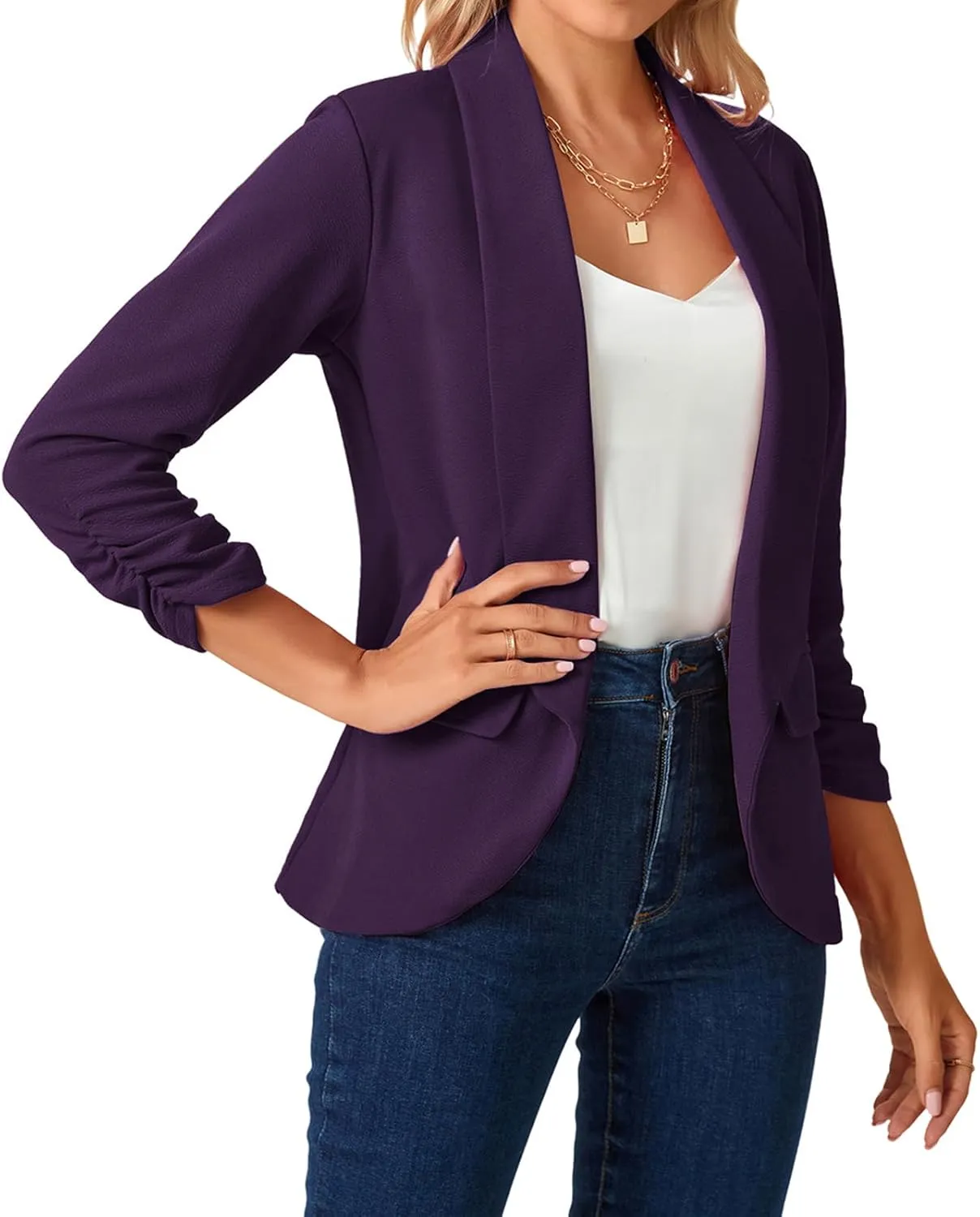 MINTLIMIT Womens Blazer 3/4 Ruched Sleeve Shawl Collar Business Work Blazers Open Front Casual Jackets with Pockets
