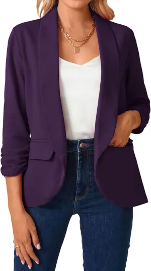 MINTLIMIT Womens Blazer 3/4 Ruched Sleeve Shawl Collar Business Work Blazers Open Front Casual Jackets with Pockets