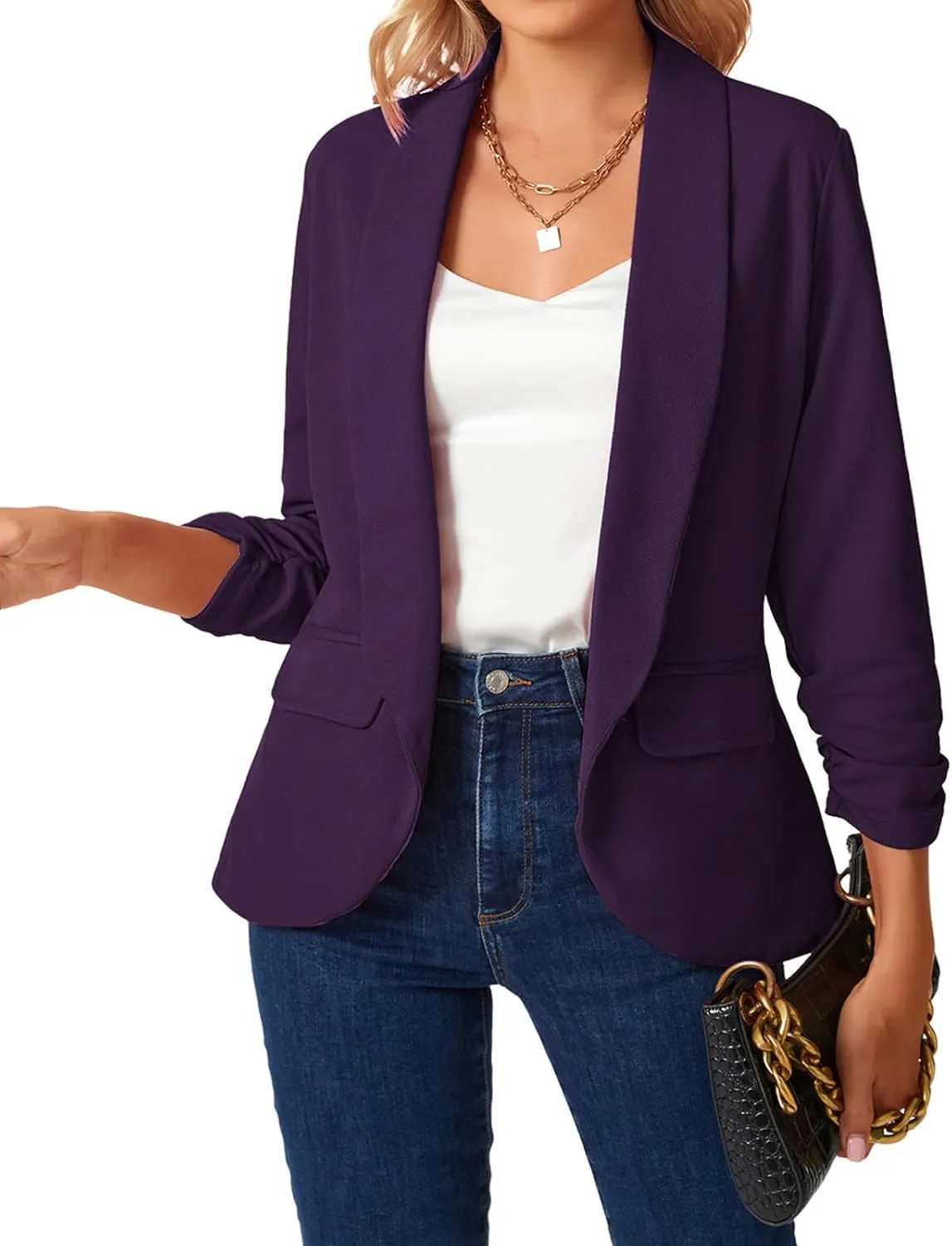 MINTLIMIT Womens Blazer 3/4 Ruched Sleeve Shawl Collar Business Work Blazers Open Front Casual Jackets with Pockets