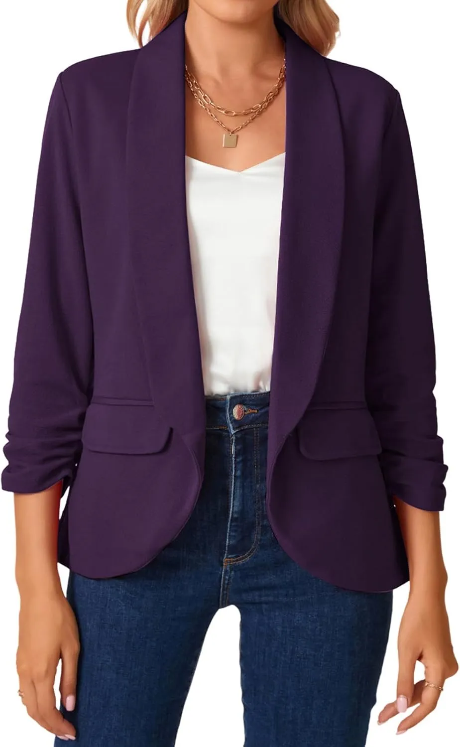 MINTLIMIT Womens Blazer 3/4 Ruched Sleeve Shawl Collar Business Work Blazers Open Front Casual Jackets with Pockets