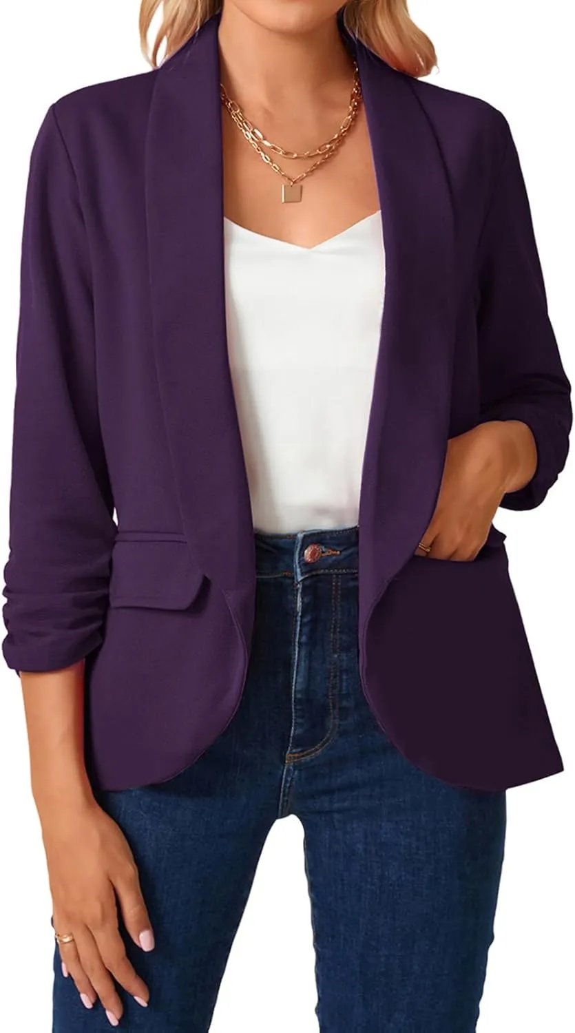 MINTLIMIT Womens Blazer 3/4 Ruched Sleeve Shawl Collar Business Work Blazers Open Front Casual Jackets with Pockets