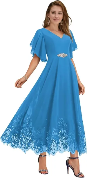 Mother of The Bride Dresses for Wedding Tea Length V Neck Chiffon Lace Formal Evening Dress with Sleeves JH019