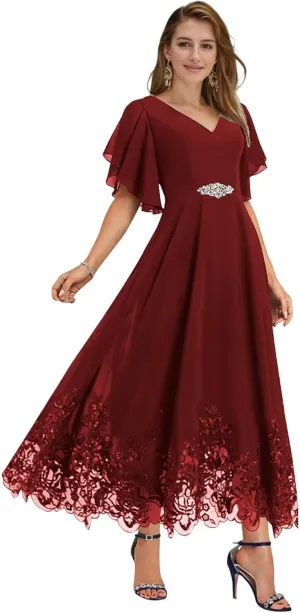 Mother of The Bride Dresses for Wedding Tea Length V Neck Chiffon Lace Formal Evening Dress with Sleeves JH019