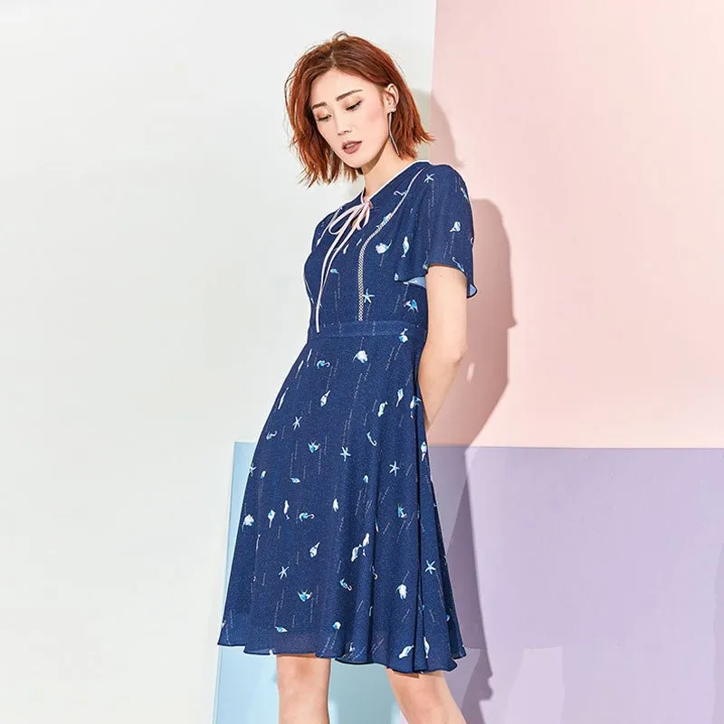 Navy Blue High Waist Bow Tie Dress