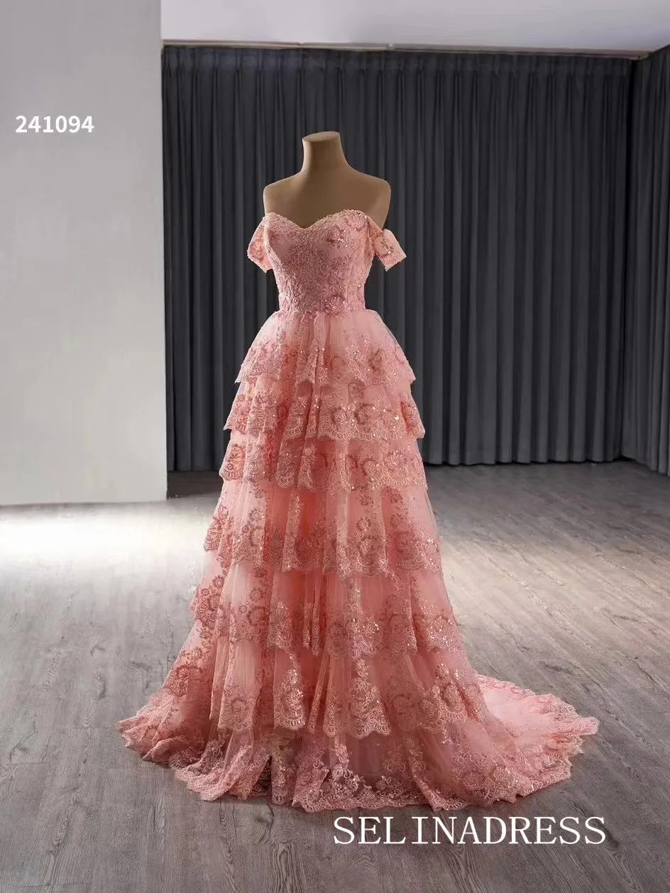 Off-the-shoulder Pink Lace Prom Dress Luxury Evening Gown Wedding Dress 241094