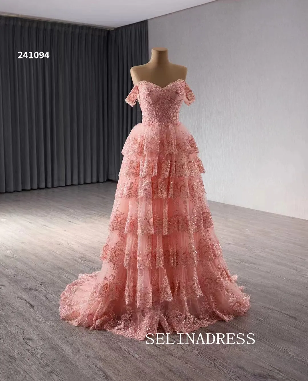 Off-the-shoulder Pink Lace Prom Dress Luxury Evening Gown Wedding Dress 241094