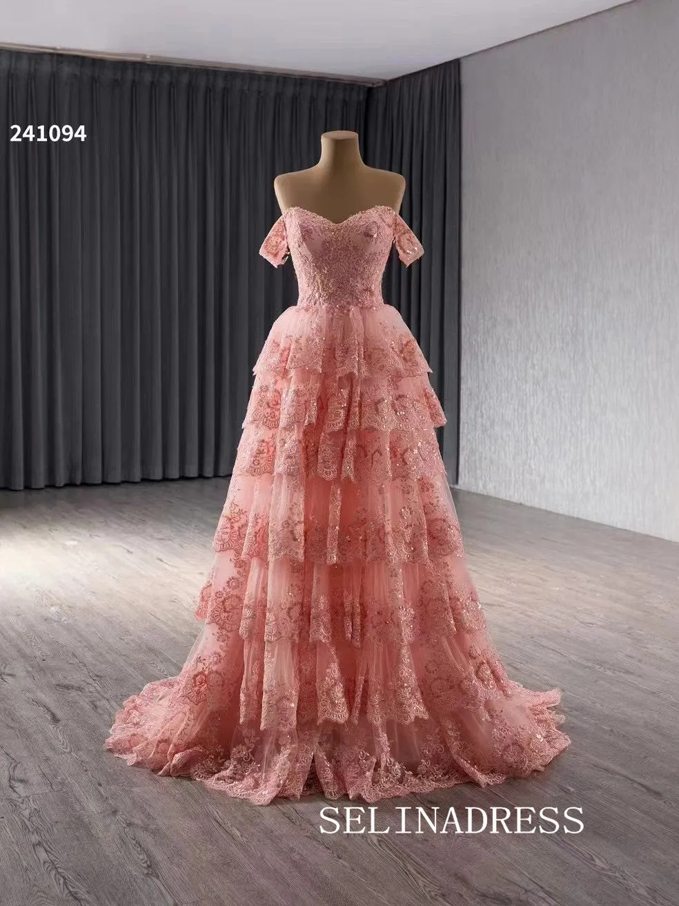 Off-the-shoulder Pink Lace Prom Dress Luxury Evening Gown Wedding Dress 241094