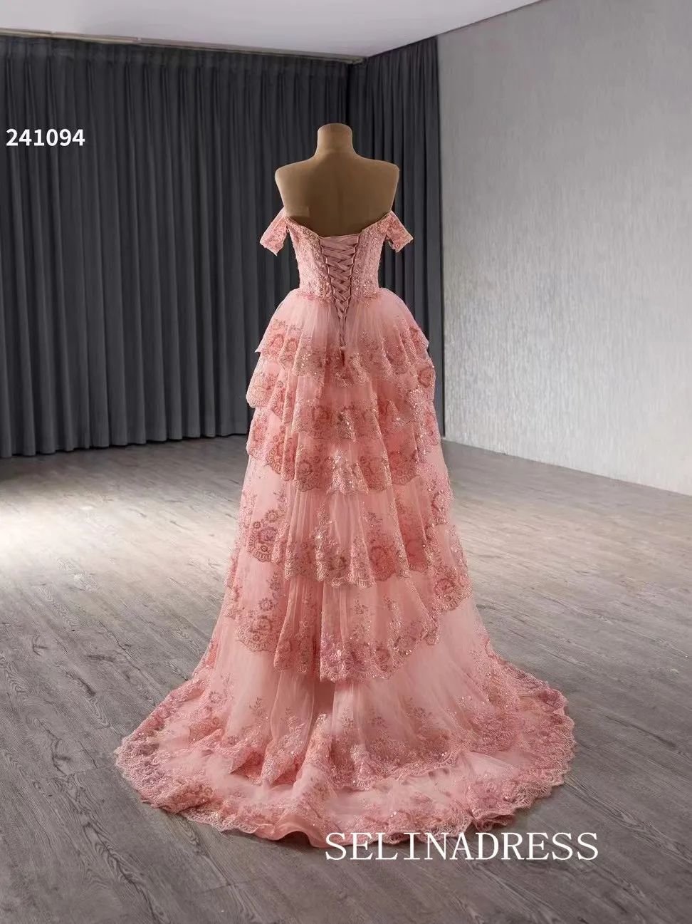 Off-the-shoulder Pink Lace Prom Dress Luxury Evening Gown Wedding Dress 241094