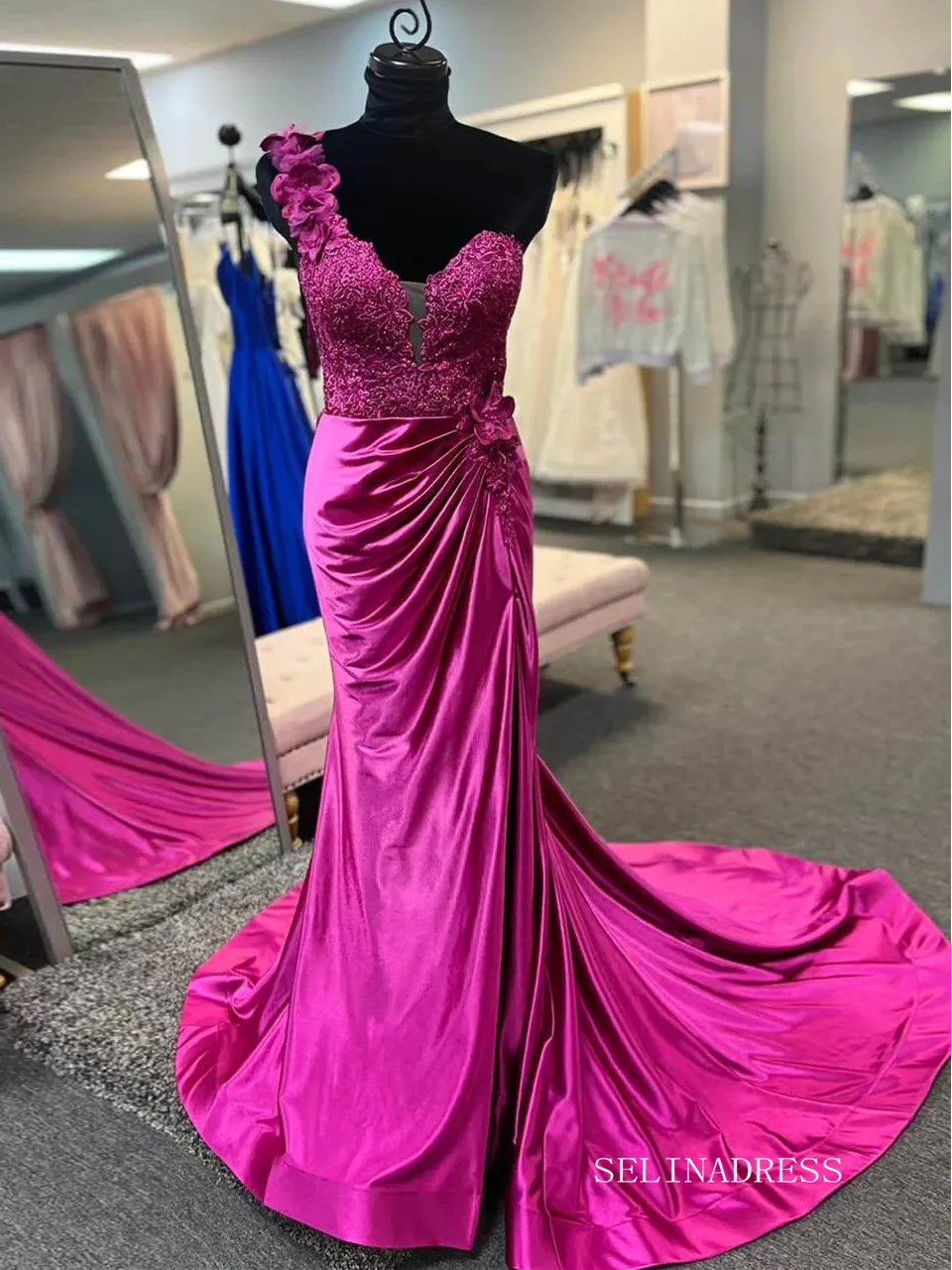 One Shoulder Fuchsia Ruched Long Prom Dress with 3D Flowers With Slit lpk576