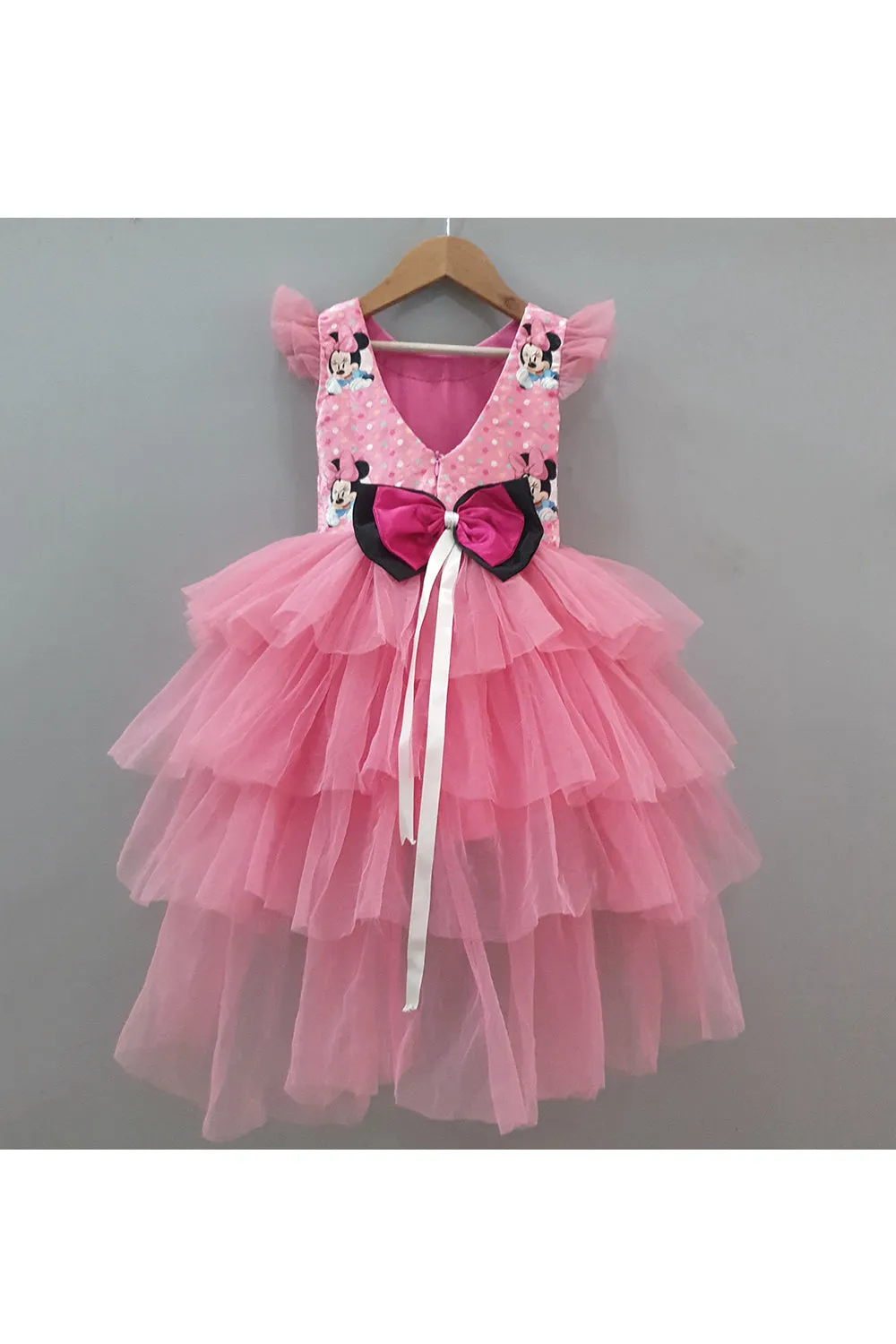 Pink minnie mouse printed high and low gown with a head band