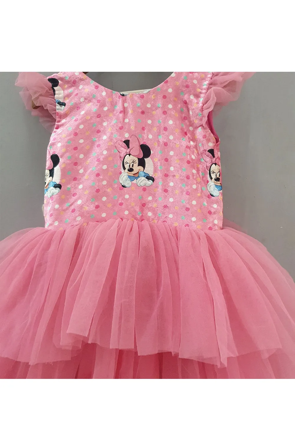 Pink minnie mouse printed high and low gown with a head band