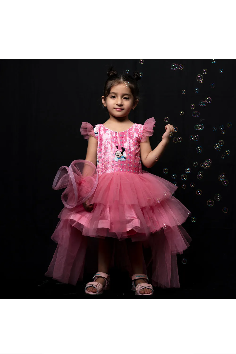 Pink minnie mouse printed high and low gown with a head band