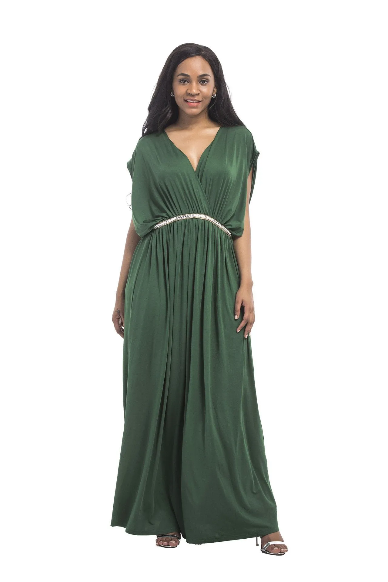 Plus size sexy deep V high waist fashion bat sleeve dress long skirt banquet Evening dress