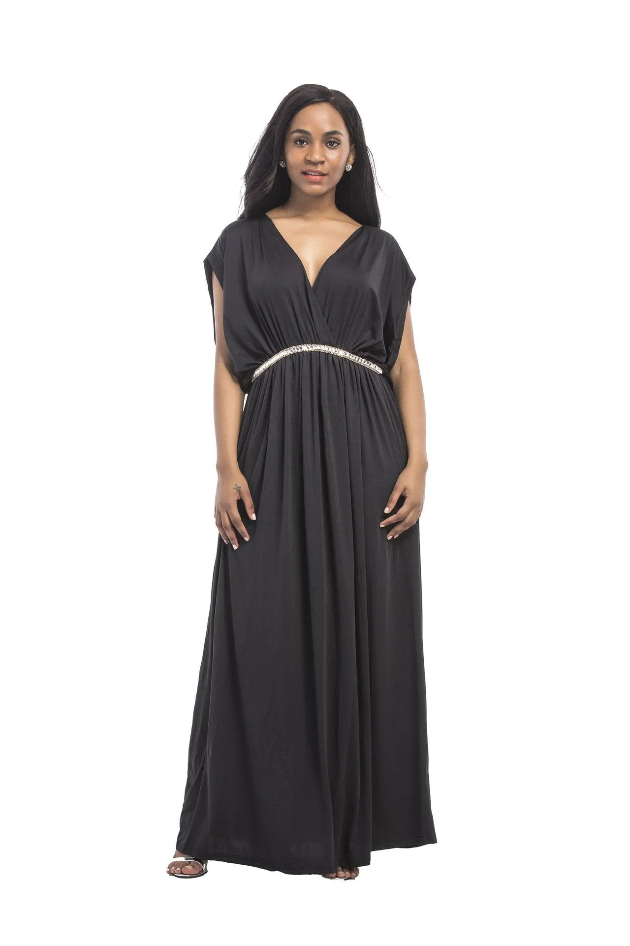 Plus size sexy deep V high waist fashion bat sleeve dress long skirt banquet Evening dress