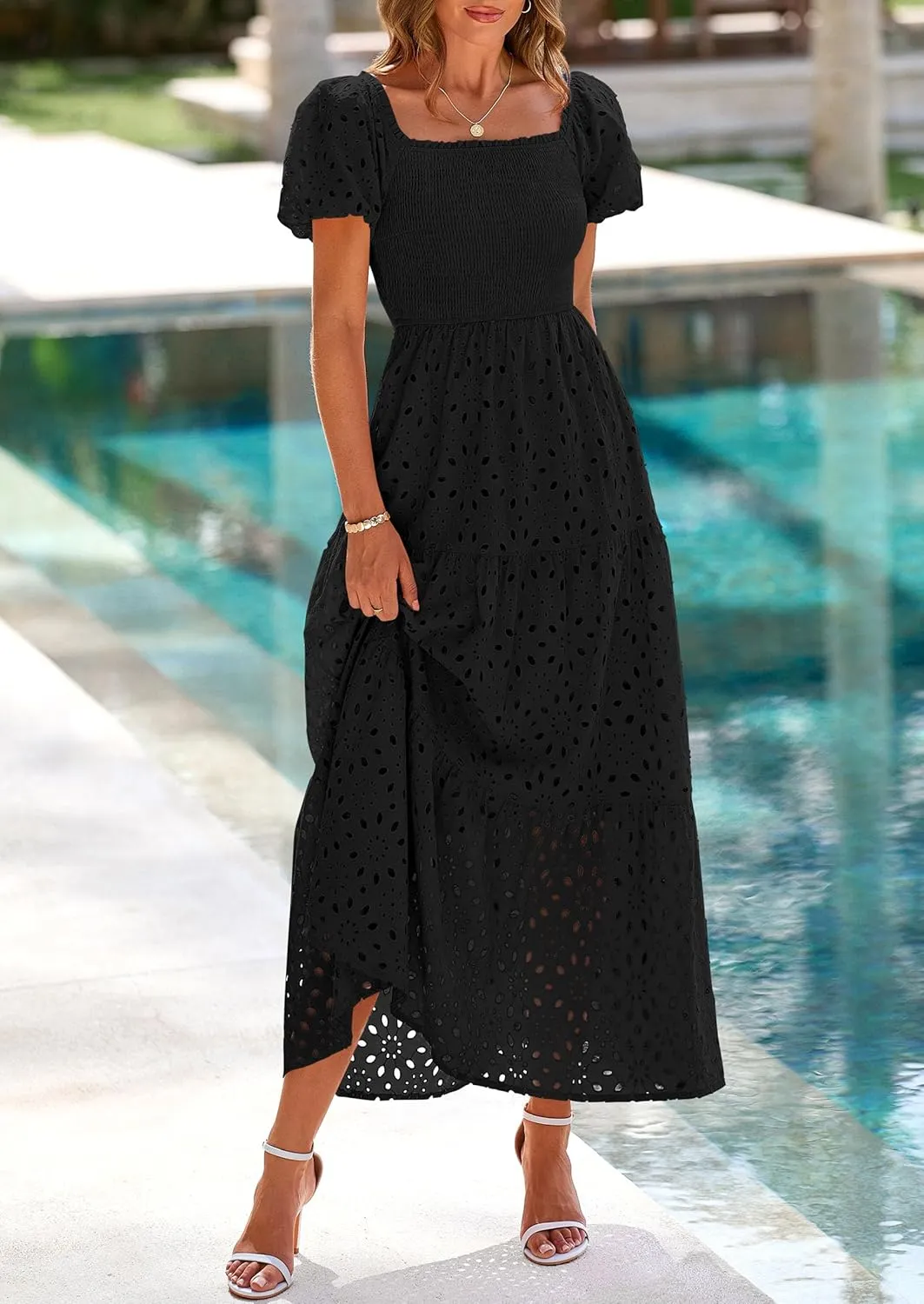 PRETTYGARDEN Summer Dresses for Women 2025 Eyelet Square Neck Puff Sleeve Smocked Wedding Guest Maxi Dress with Pockets