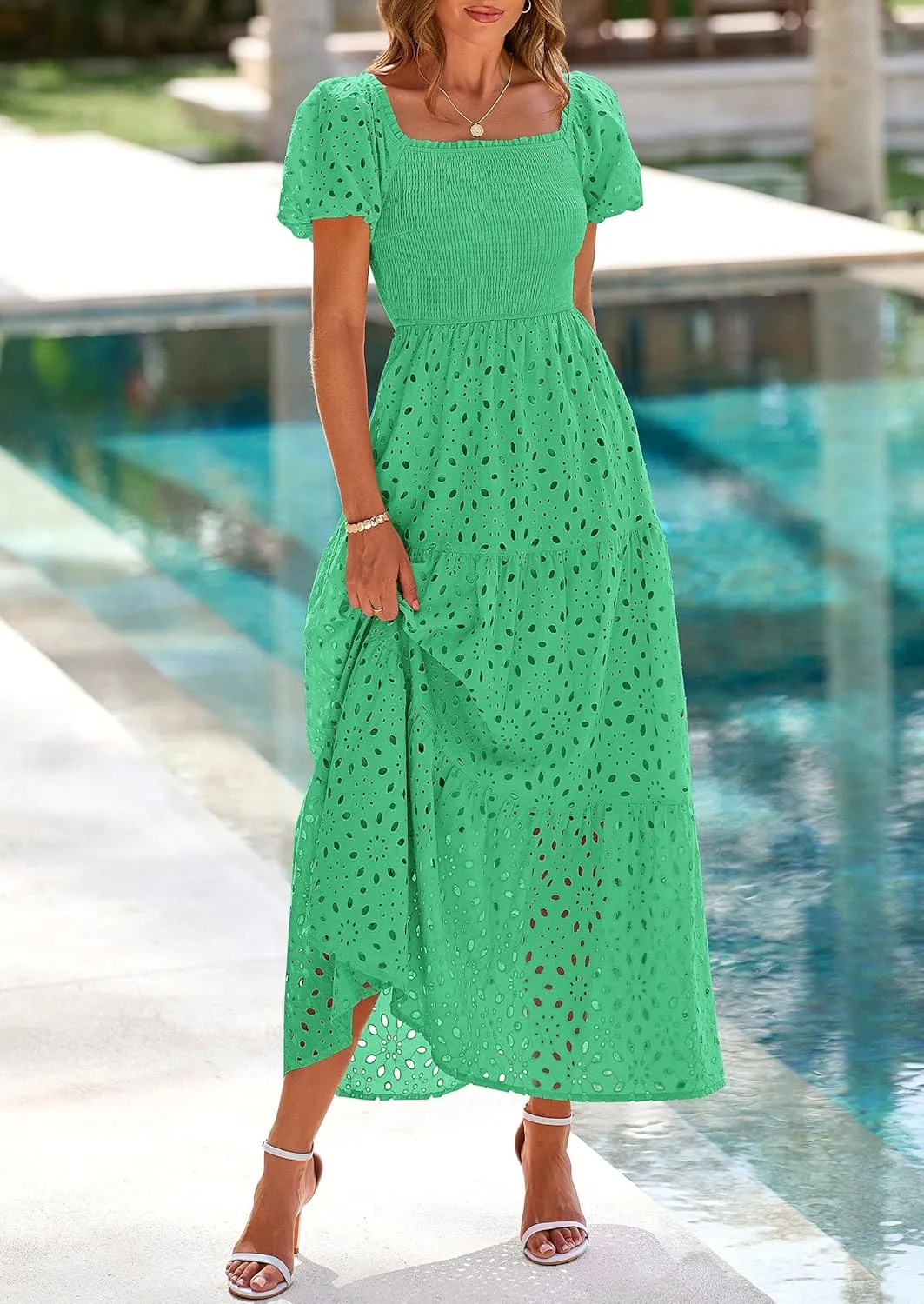 PRETTYGARDEN Summer Dresses for Women 2025 Eyelet Square Neck Puff Sleeve Smocked Wedding Guest Maxi Dress with Pockets