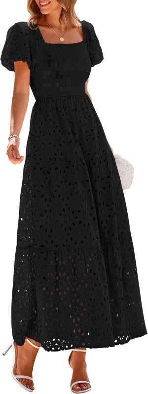 PRETTYGARDEN Summer Dresses for Women 2025 Eyelet Square Neck Puff Sleeve Smocked Wedding Guest Maxi Dress with Pockets